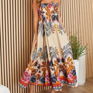 NWT Milio Milano Exotic Kitten Floral Strapless Maxi Dress with Smocked Back